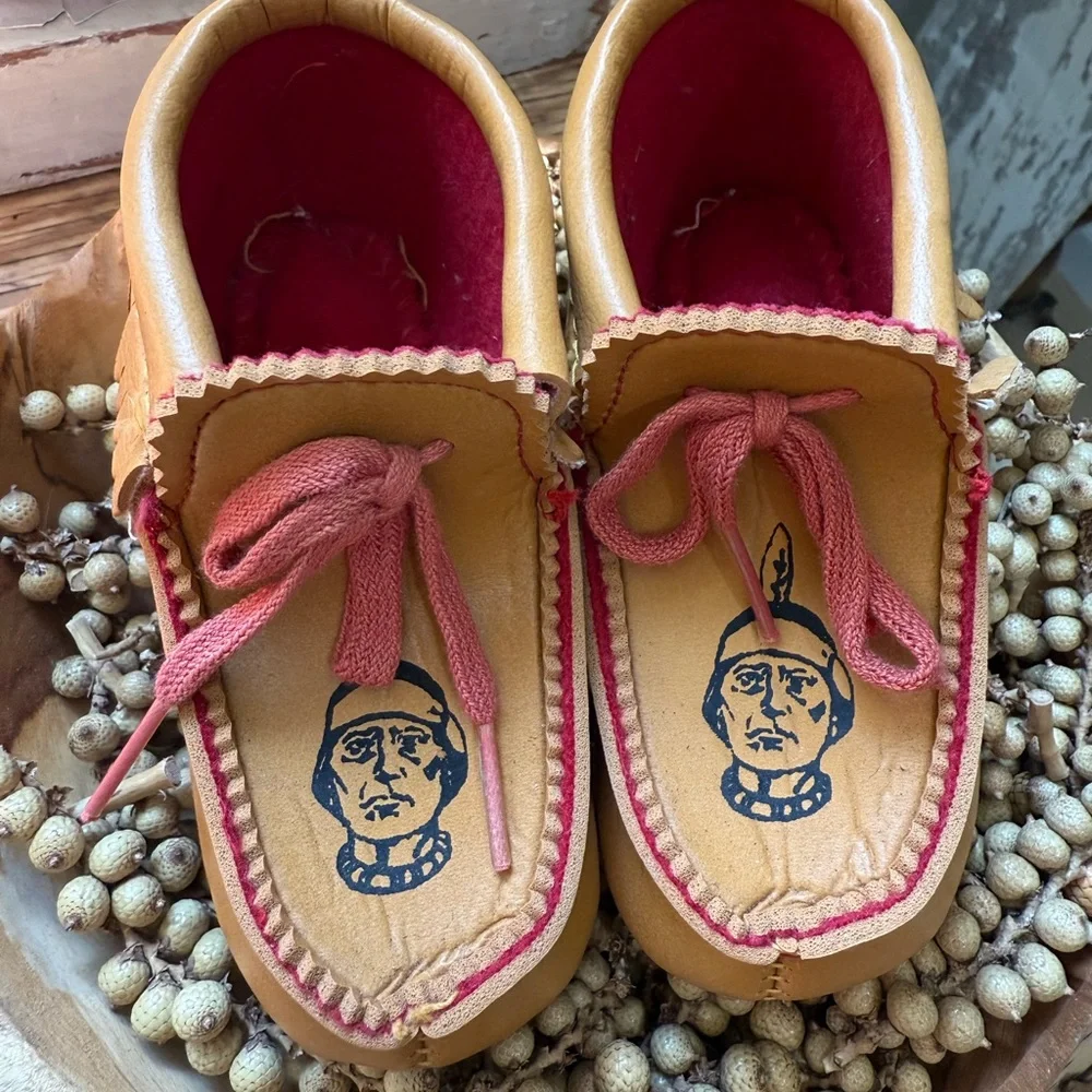 Vintage Handmade USA Kids Leather Tan Moccasins with Red Accents